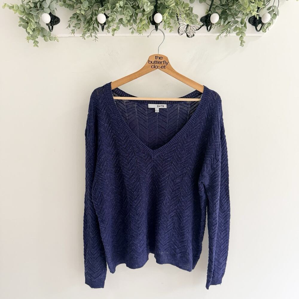 SWTR Navy Herringbone Knit Sweater Deep V Neck Textured Size Large ZZ5282